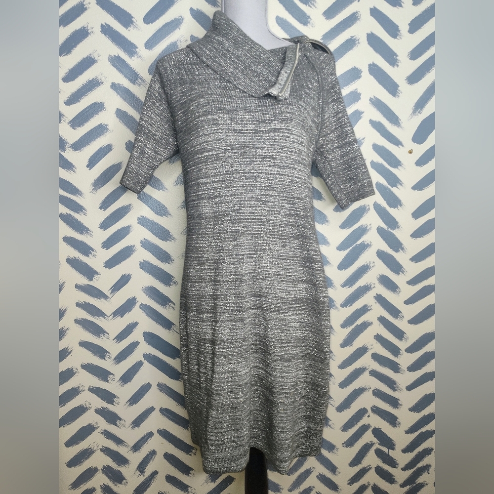 Liz Claiborne Metallic Sweater Dress Asymmetric Cowl Neck Marled Gray M